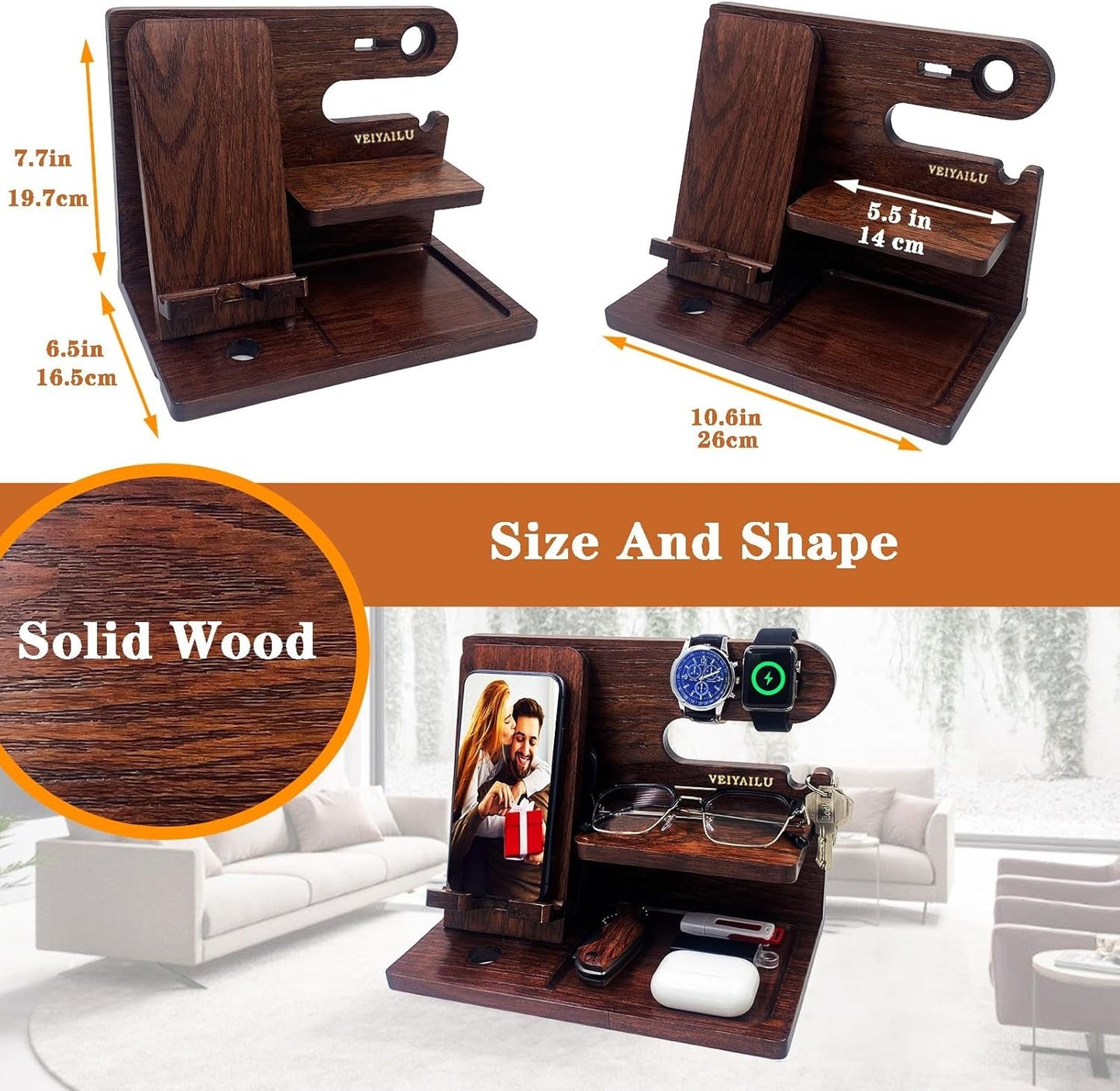 VEIYAILU Gifts for Men Women Brother Boss Boyfriend Him Nightstand Organizer Gifts for Dad from Daughter Son Wood Phone Docking Station (Dark Brown)