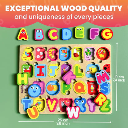 QUOKKA Montessori Alphabet Puzzle for Toddlers 2-4 Years - Educational Wooden Puzzles for Kids Ages 3-5 - Learning Toy Letters and ABC Recognition - Preschool Activity Board - Learning Activities