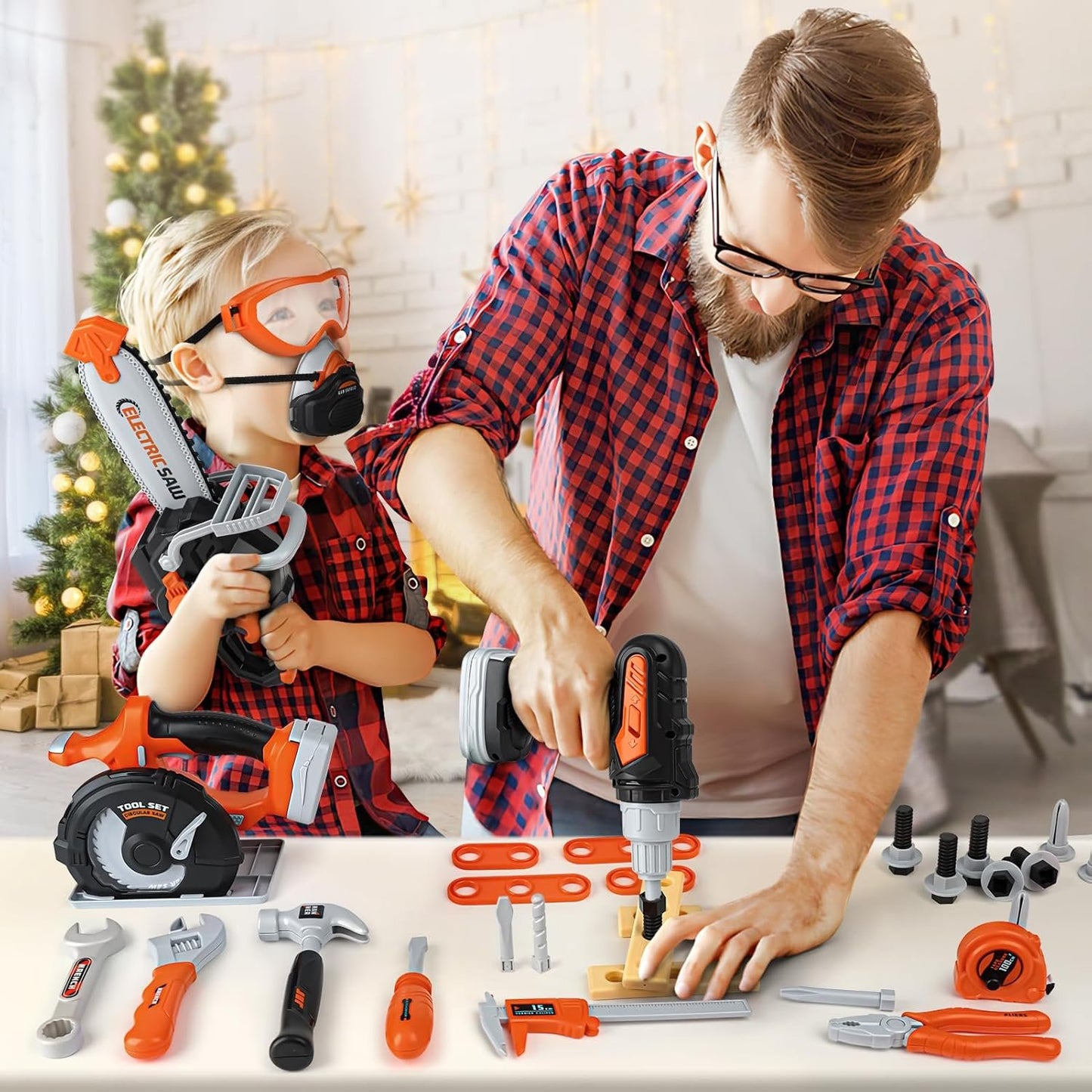 Kids Tool Set - Pretend Play Construction Toys for 3 4 5 Year Old Boy Gifts, Preschool Learning Tool Set with Electronic Drill/Chainsaw Toy/Circular Saw Toys, Toddler Take Apart Stem Toys for Kid 3-5