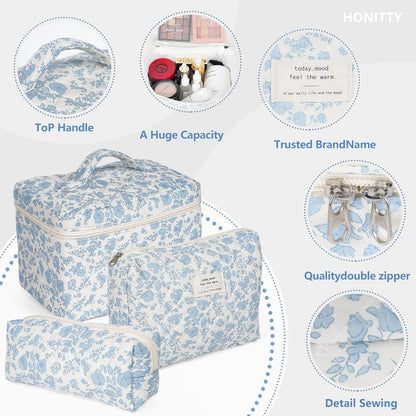 Makeup Bag,Quilted Cosmetic Bag,Large Floral Make Up Bag for Women,Cotton Makeup Bag Set,Flower Travel Toiletry Bag