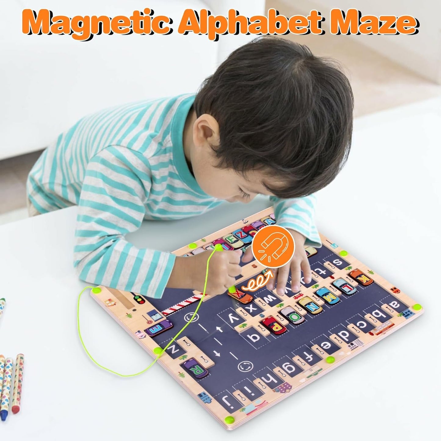 Magnetic Toys Alphabet Maze, Montessori Toy for Kids, Letter Puzzle Wooden Busy Board, Preschool Learning Activities Educational Sensory Toys for Kids 5-7,Road Trip Travel Toy