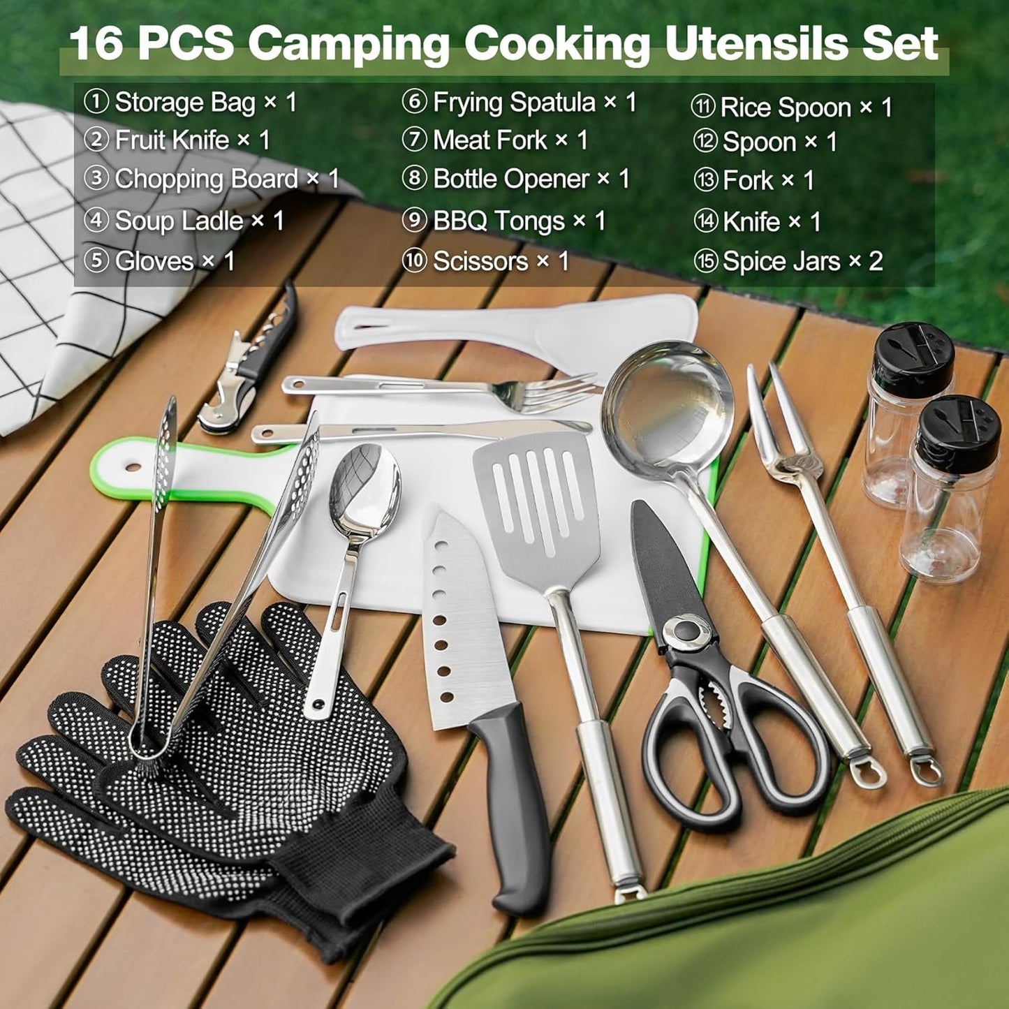 Camping Cooking Utensils Set 16Pcs, Cookware Storage Bag Camping Tool Accessories, Camper Essentials Gear Must Haves Supplies for Travel RV BBQ Grill Picnic Hiking, CT606