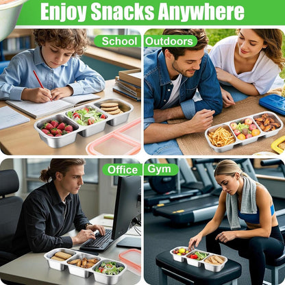 Abekuta Stainless Steel Snack Containers, Reusable Condiment Box with Lids, 3 Compartment Sauce Cups, Divided Food Storage Containers for School, Home, Travel