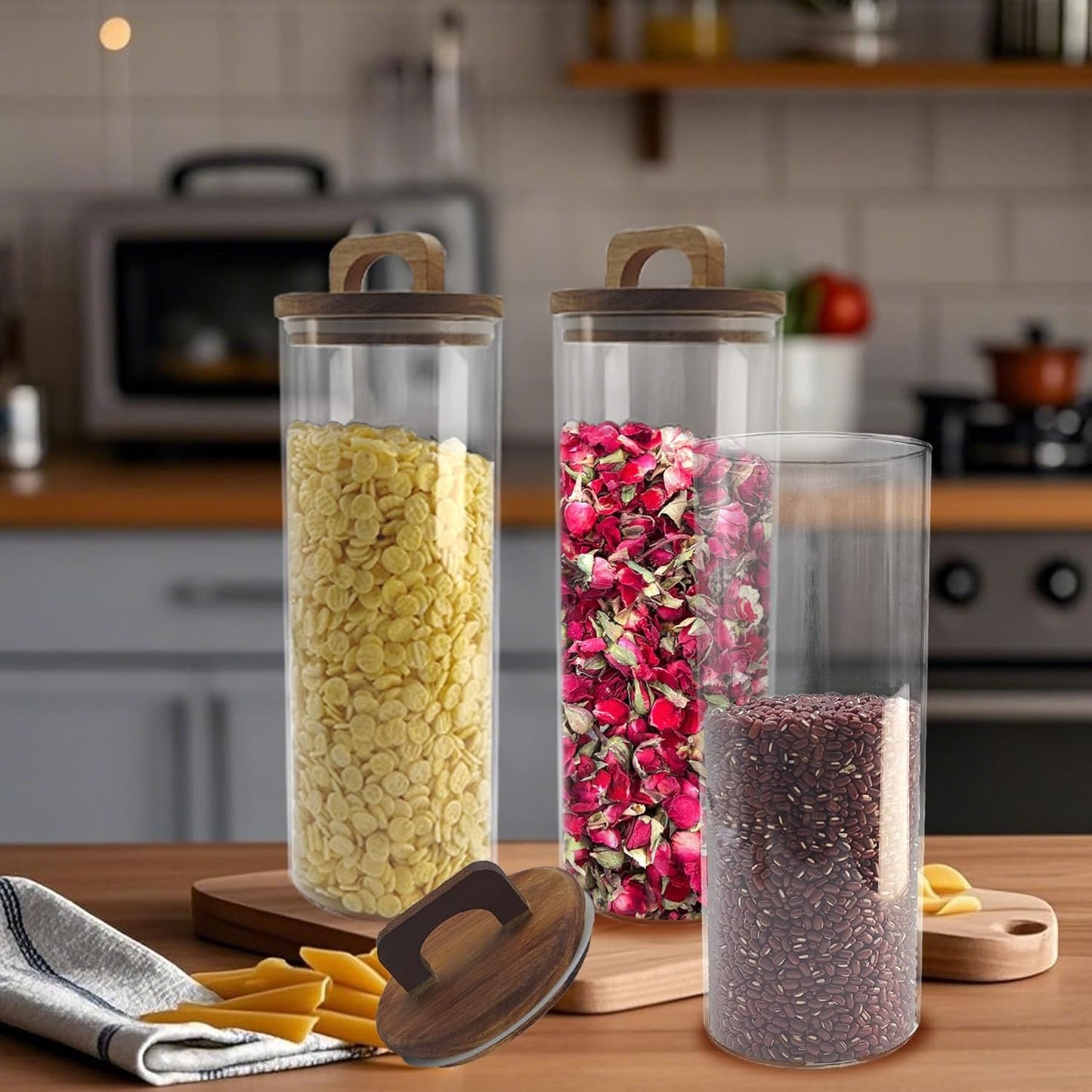 Set of 3 Glass Jars Food Storage Containers with Wooden Lid - Airtight Kitchen Canisters for Spaghetti, Coffee beans, Oat,cereal,Tea, Flour, Sugar, Food Jars With Acacia Wood Lids (1750ml/59oz)