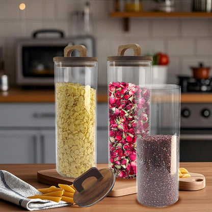 Set of 3 Glass Jars Food Storage Containers with Wooden Lid - Airtight Kitchen Canisters for Spaghetti, Coffee beans, Oat,cereal,Tea, Flour, Sugar, Food Jars With Acacia Wood Lids (1750ml/59oz)