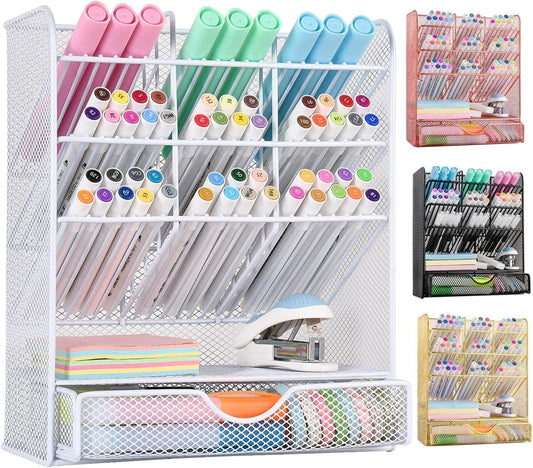 Spacrea Pen Holder Desk Organizer - Desk Organizers and Accessories, Pencil Holder with 10 Compartments and 1 Drawerï¼ˆWhiteï¼‰ SO-B1