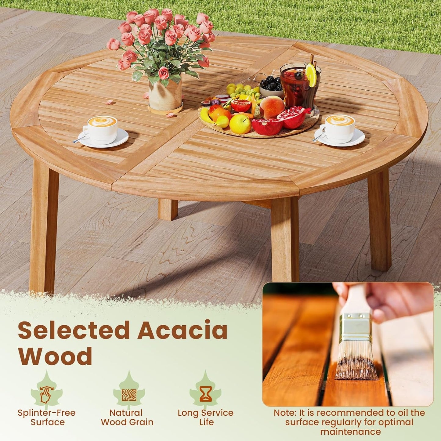 HAPPYGRILL Round Patio Dining Table, Acacia Wood Outdoor Dining Table with 2" Umbrella Hole and Slatted Tabletop for 4-6 Person, 53-Inch Dining Furniture for Yard, Deck Lawn, Garden, Natural