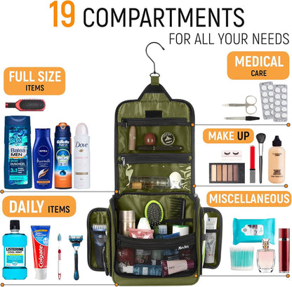 Travel Toiletry Bag for Men and Women - Large Hanging Toiletry Organizer - Waterproof Hygiene Bag with Metal XXL Swivel Hook, with YKK Zippers and 19 Compartments for Toiletries, Makeup, Cosmetics