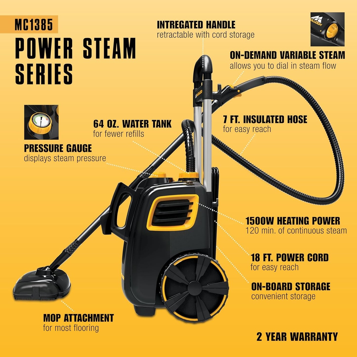 McCulloch MC1385 Deluxe Canister Steam Cleaner, 2-Hour Runtime, Chemical-Free, 23 Accessories: Mop Head, Brushes & More - Built for Home, Tile, Carpet, Furniture, & Personal Car Detailing