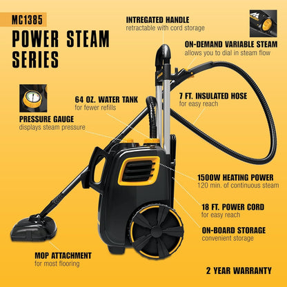 McCulloch MC1385 Deluxe Canister Steam Cleaner, 2-Hour Runtime, Chemical-Free, 23 Accessories: Mop Head, Brushes & More - Built for Home, Tile, Carpet, Furniture, & Personal Car Detailing