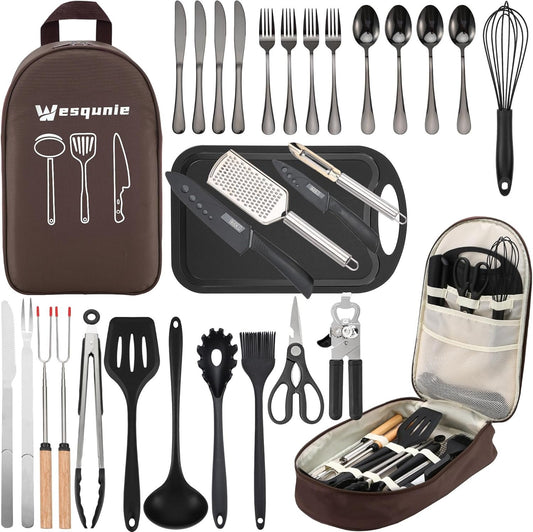 Wesqunie Camping Cooking Utensils Set, 25Pcs Camping Accessories Stainless Steel Grill Tools, Camping Essentials Portable Kitchen BBQ Cookware Gear and Equipment for Travel Tenting RV Van Picnic