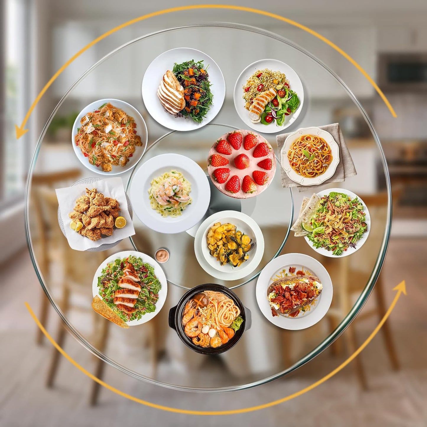 35" Glass Lazy Susan for Dining Table - Tempered Glass Round Clear Tabletop Large Rotating Tray, Silent & Smooth Spin (35inch/90cm)