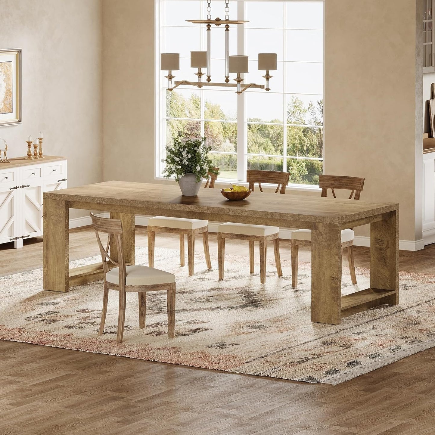 Tribesigns 86.61-Inch Dining Table for 6-8 People, Farmhouse Narrow Kitchen Table with Pedestal Base, Extra Long Rectangular Dining Room Furniture, Natural Oak