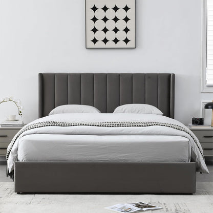 YUHUASHI Upholstered Queen-Size Platform Bed Frame with 4 Storage Drawers and Headboard, Velvet Upholstery with Wooden Slats Support, No Box Spring Required (Grey, Queen)