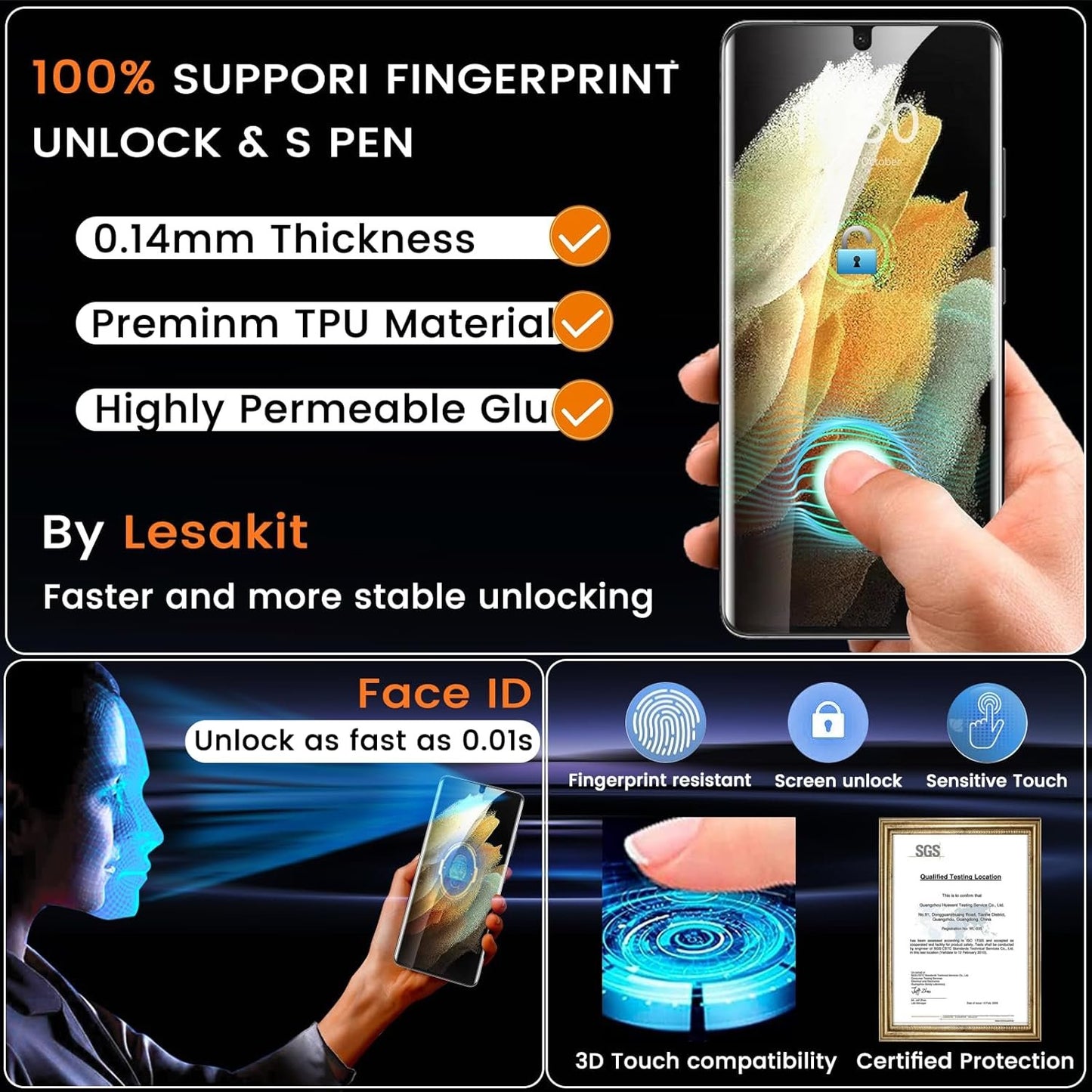 Lesakit 2 Pack Privacy Screen Protector for Samsung Galaxy S21 Ultra 6.8 inch, Anti Spy TPU Flexible Screen Protector [Support Fingerprint ID], True 28°, High Sensitivity, Case Friendly