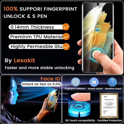 Lesakit 2 Pack Privacy Screen Protector for Samsung Galaxy S21 Ultra 6.8 inch, Anti Spy TPU Flexible Screen Protector [Support Fingerprint ID], True 28°, High Sensitivity, Case Friendly