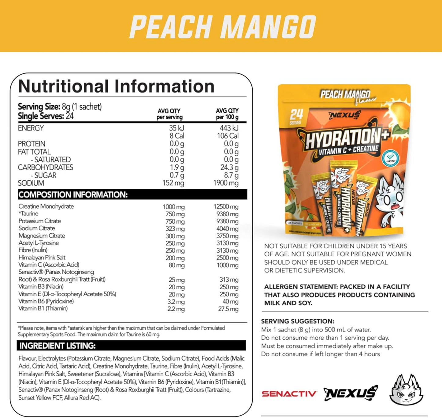 Nexus Hydration+ Electrolyte Powder Sachets, Alternative for Hydralyte Tablets, Taurine, Potassium, Magnesium, Sodium Citrate, Gluten Free, Zero Fat, Vitamin C, B1, B3, B6, E, 8g (Pack of 24), Peach Mango