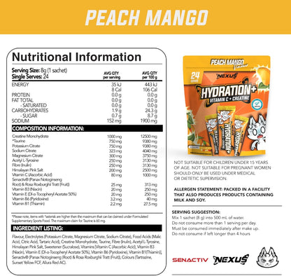 Nexus Hydration+ Electrolyte Powder Sachets, Alternative for Hydralyte Tablets, Taurine, Potassium, Magnesium, Sodium Citrate, Gluten Free, Zero Fat, Vitamin C, B1, B3, B6, E, 8g (Pack of 24), Peach Mango