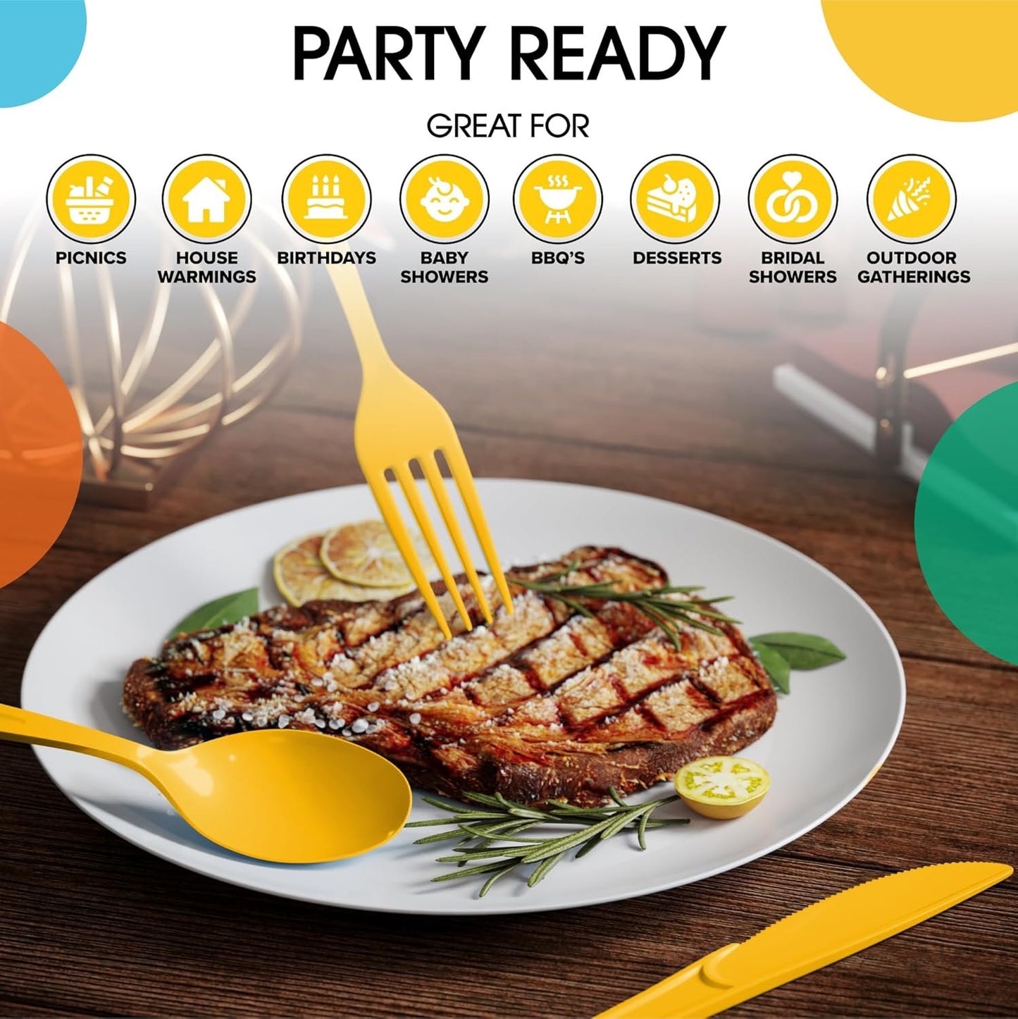 Yellow Plastic Silverware Heavy Duty 150 Pcs Yellow Plastic Cutlery Sets, Utensil Sets, 50 Of Each Forks, Knives & Spoons Disposable Cutlery Set, Flatware Set For Party Supplies Party Solids