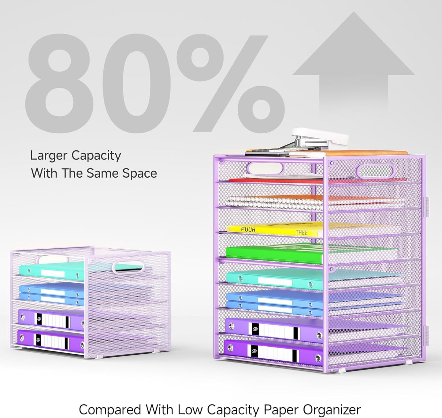 Cawukege 9 Tier Paper Organizer with Handle, Large Capacity Desk Organizer Mesh Paper Letter Tray File Folder Document Sorter for Classroom and Office Accessories Organization- Purple (2 Pack)