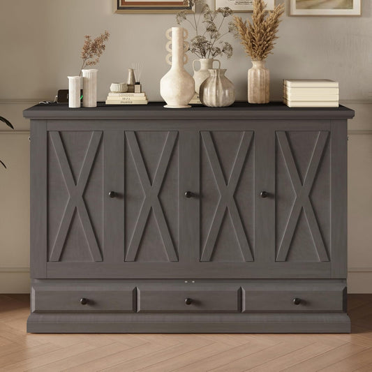 GDFStudio Queen Size Farmhouse Style Murphy Bed Cabinet with USB Charging Port, Solid Pine Wood Foldable Chest Bed with Large Storage Drawer for Guest Room, Small Apartment, or Home Office, Gray