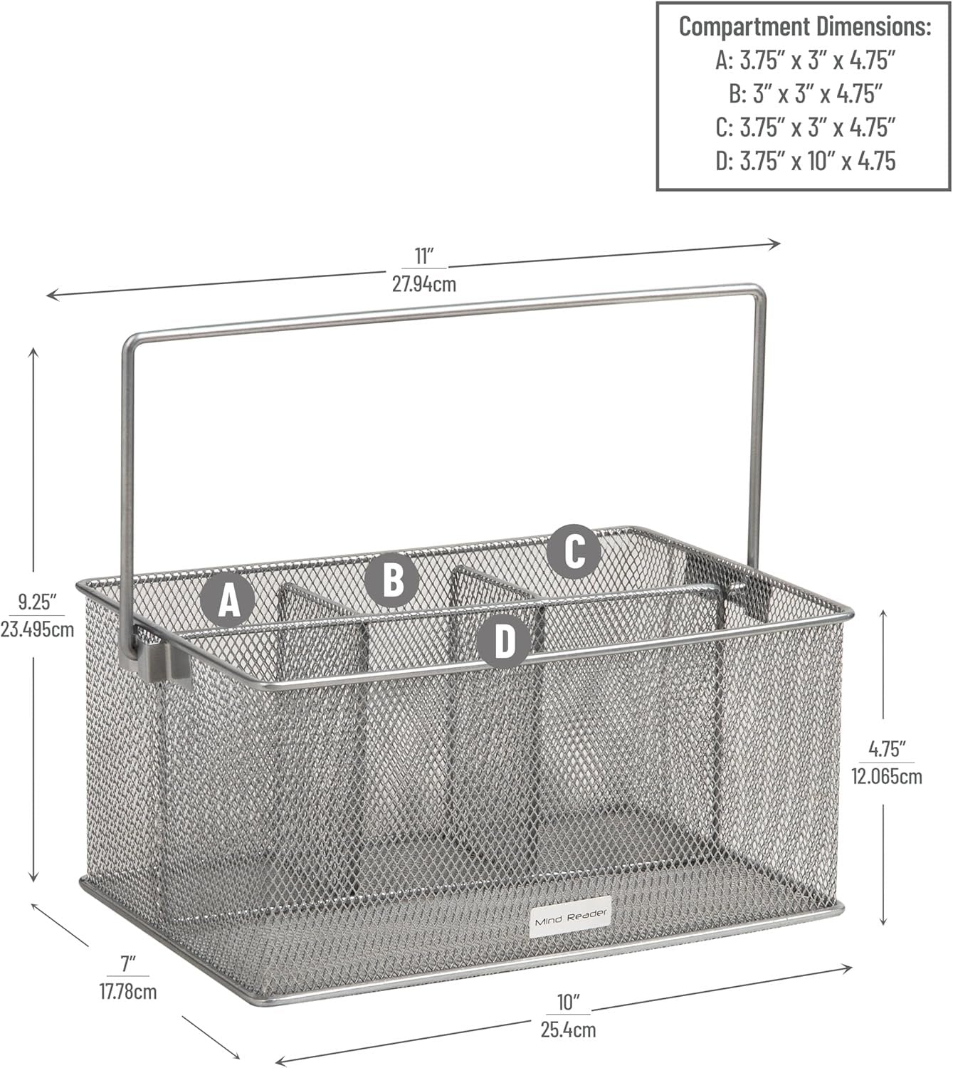 Mind Reader Utensil Holder, Silverware Organizer, Caddy, Cutlery Holder, Kitchen, Metal Mesh, 25.4L x 17.8W x 12.1H cm, Silver