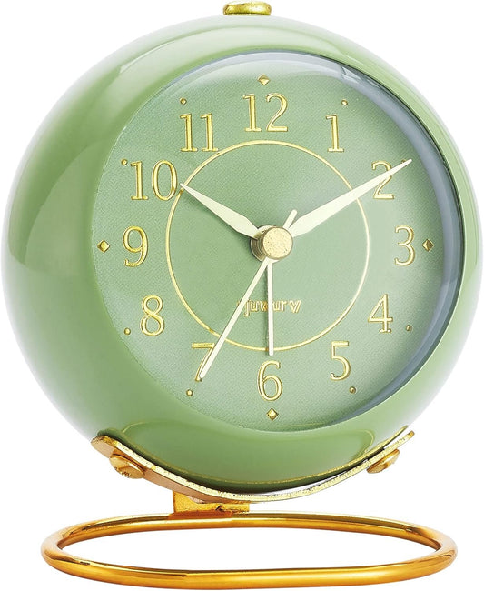 Metal Desk Clock, rjuwurv Retro Bedroom Table Vintage Analog Alarm Clock, Silent Non-Ticking Gold Clock, Bedside Décor(Olive-Green)