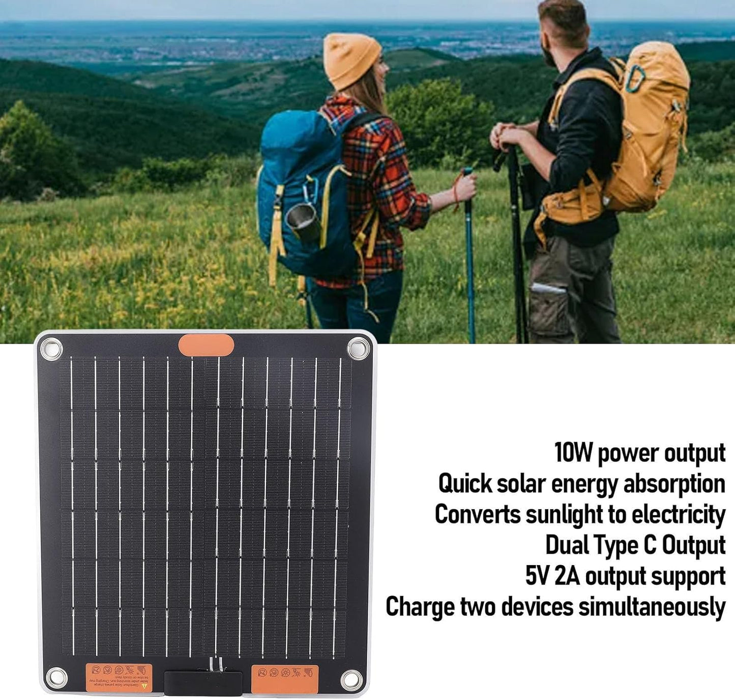 Solar Power Bank, 10W USB Solar Panel Phone Charger Dual Type C Ports 5V2A Output Monocrystalline Solar Panel Charger with Suction Cups for Phones, Power Banks, Tablets