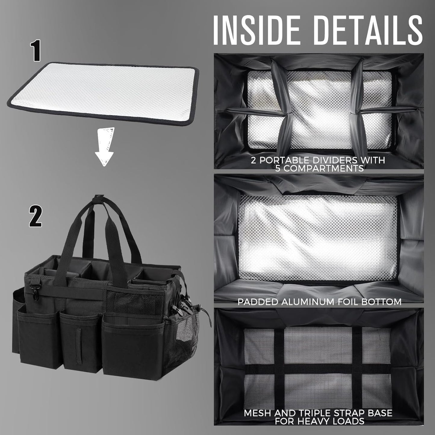 Wearable Cleaning Caddy Organizer with Handle & Shoulder Straps for Housekeepers, Under Sink & Car Cleaning Tool Organizer Bag with 4 Foldable Dividers (Black)
