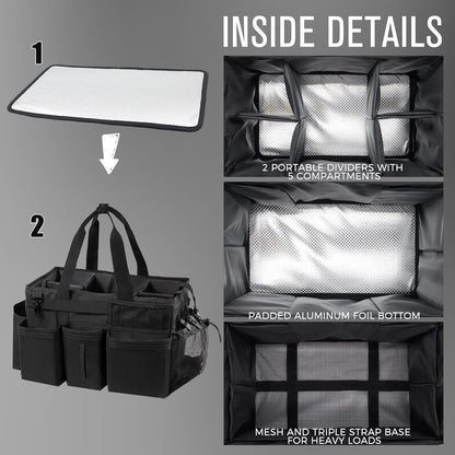 Wearable Cleaning Caddy Organizer with Handle & Shoulder Straps for Housekeepers, Under Sink & Car Cleaning Tool Organizer Bag with 4 Foldable Dividers (Black)