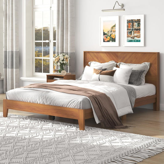 Galano Weiss Clara Queen Bed Frame with Headboard – Amber Walnut Bed Frame Queen Size, Bedframe Queen Size, Base de Lit Queen, Also Fits Double, Full, Mattress Foundation, 64.49"L x 85.47"W x 40.28"H