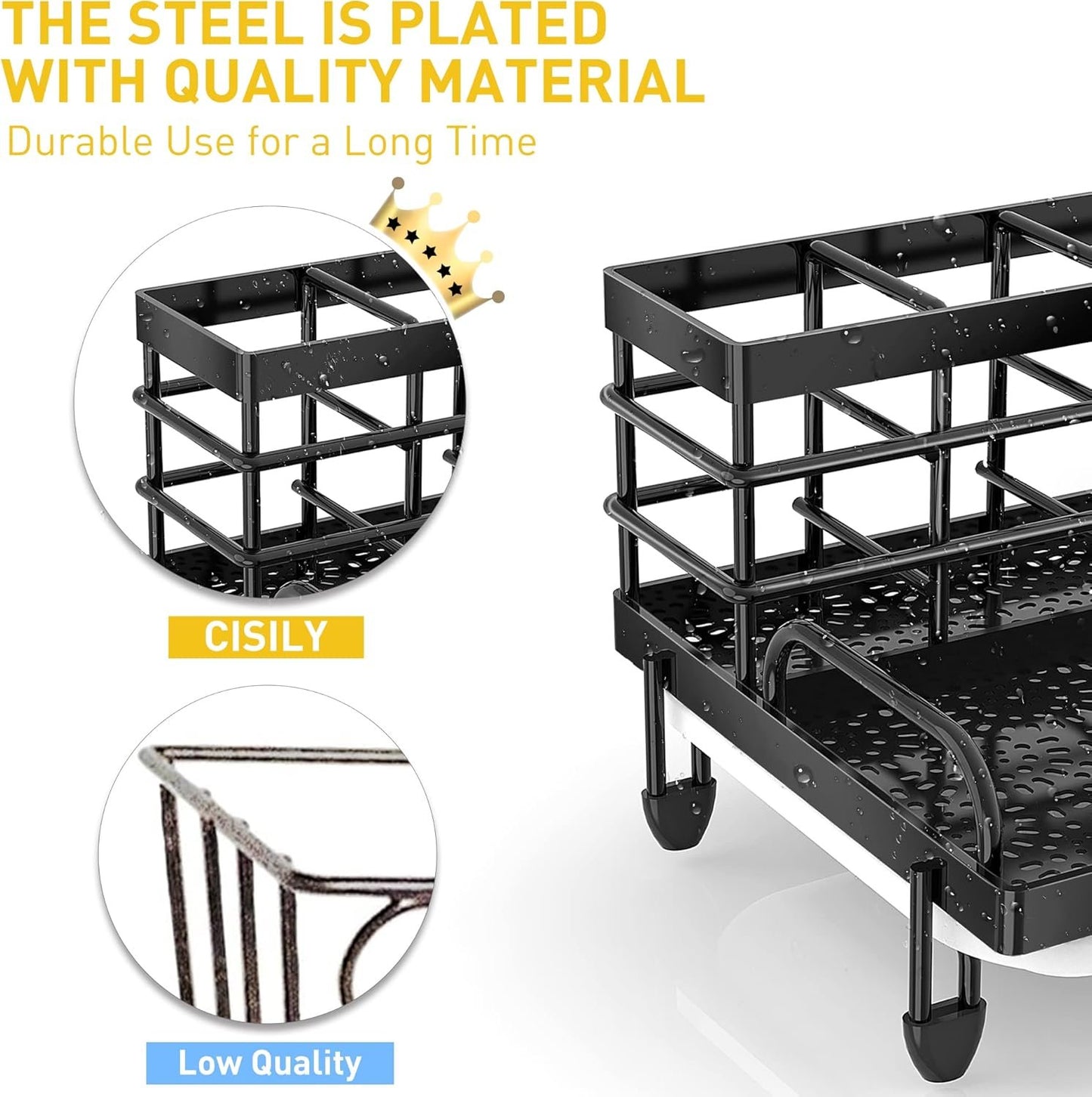 Cisily Sponge Holder Kitchen Sink Caddy Organizer, Rustproof Sponge Holder for Kitchen Sink, Non-Slip Soap Dish Dispenser Brush Holder Storage, Home & Kitchen Essentials Accessories（Matte Black）