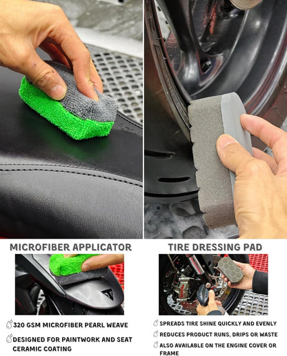 8 Pack Motorcycle Cleaning Kit - Professional Safe for Chrome/Engine/Tires, Hard Reach Brush, Microfiber Mitt, Detailing Tools, Drying Towel & Wax Applicators