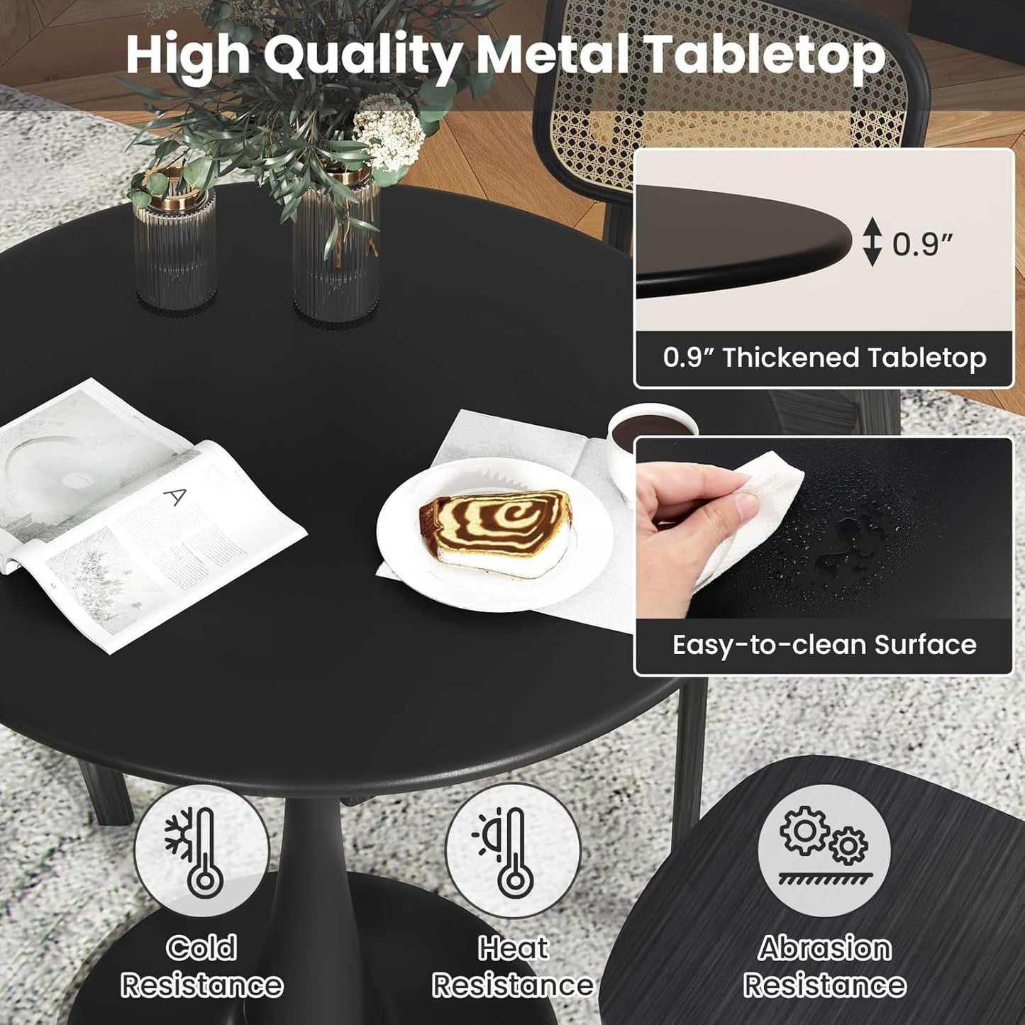 Giantex Black Round Dining Table, 32" Modern Tulip Kitchen Table w/ 0.9” Thickened Tabletop & Sturdy Metal Pedestal, Mid-Century Leisure Table for Small Places, Dining Room, Living Room, Cafe