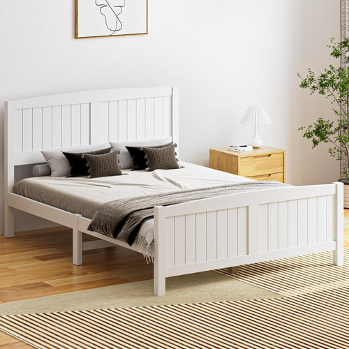 Oikiture Double Bed Frame with Headboards and Footboards Pine Wood Bed Frame Platform Bed, White