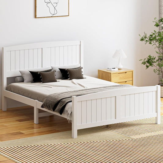 Oikiture Double Bed Frame with Headboards and Footboards Pine Wood Bed Frame Platform Bed, White