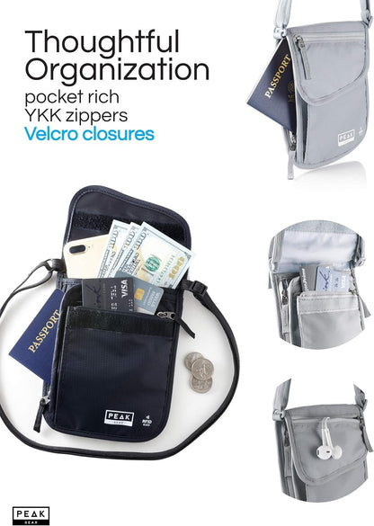 Peak Gear RFID Neck Wallet - The Orginal Travel Pouch with Adjustable Crossbody Strap + Theft Protection and Lost & Found Service | Gray