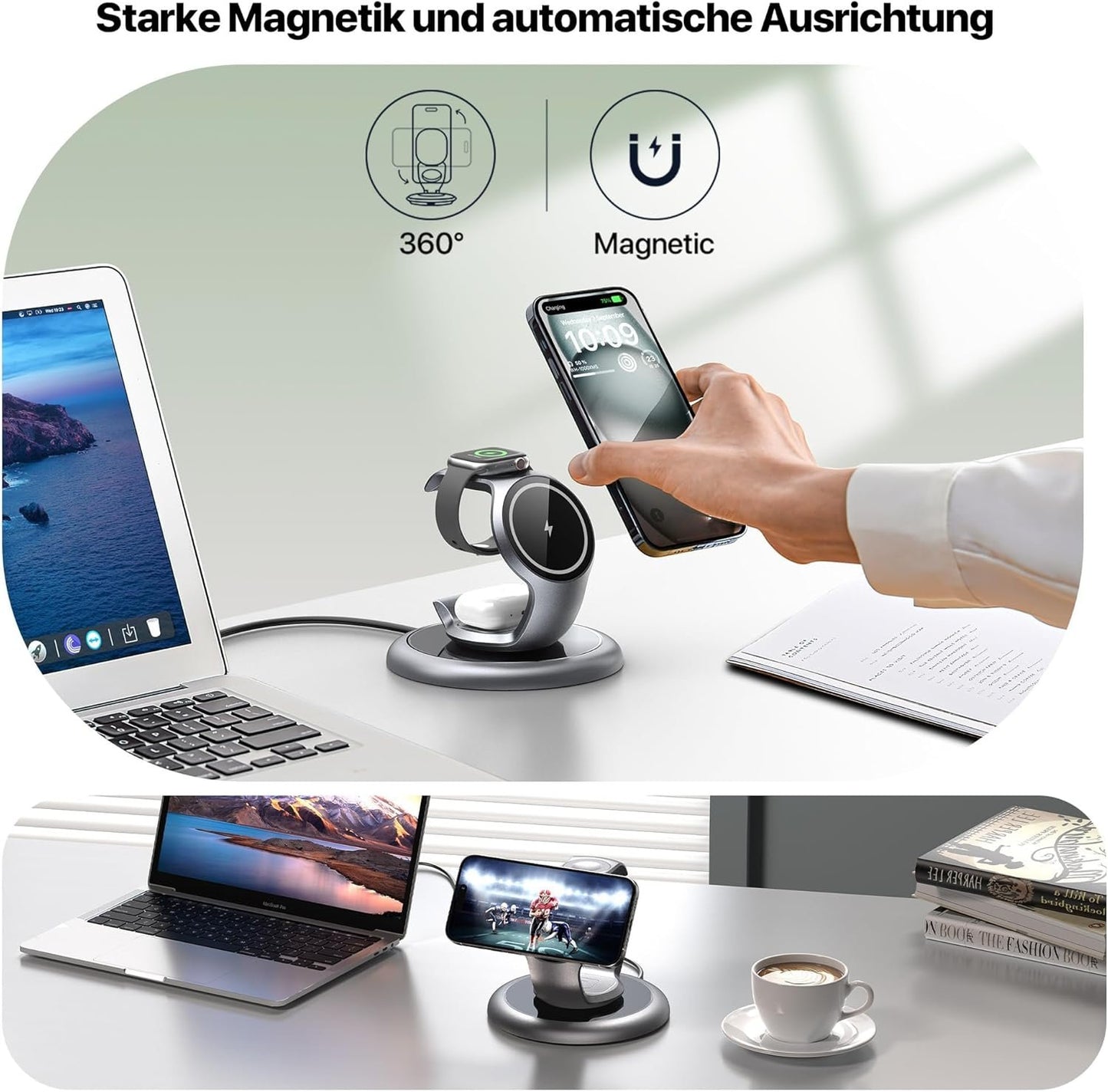 EXW Wireless Charging Station for Magsafe Charger, 3 in 1 Wireless Charger for Apple, Fast Magnetic Charger Stand for iPhone 16/15/14/13/12 Series,Apple Watch 2-10/Ultra,Airpods 4/3/2 Pro (SilverGrey)