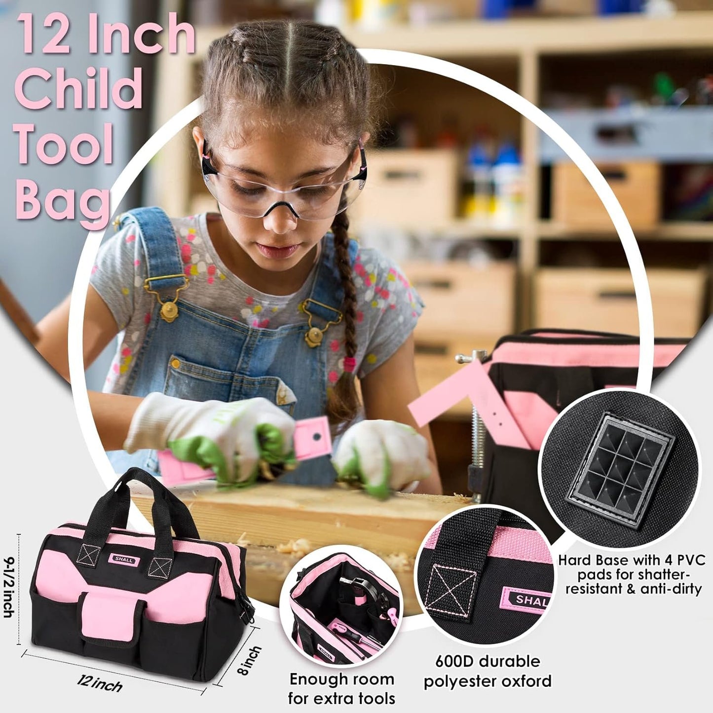 SHALL 26-Piece Kids Size Tool Set, Pink Real Tools for Kids with 12" Tool Bag, Safety Certified Children Learning Tool Kit with Hand Tools for Boys & Girls Age 6+, DIY Building, Woodwork, Construction