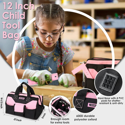 SHALL 26-Piece Kids Size Tool Set, Pink Real Tools for Kids with 12" Tool Bag, Safety Certified Children Learning Tool Kit with Hand Tools for Boys & Girls Age 6+, DIY Building, Woodwork, Construction