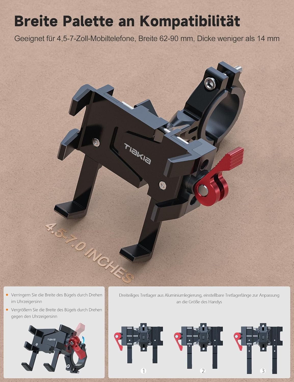Tiakia Bicycle Cell Phone Mount, Aluminum Motorcycle Phone Holder, 6 Claws 360 Degree Rotation Universal Bike Mount without Tools for 4.5-7 Inch Phones (Black, Red)