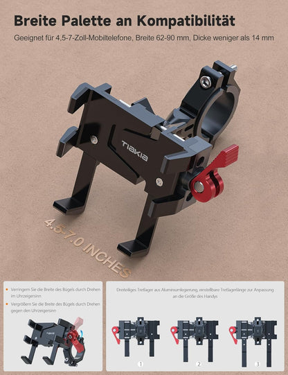 Tiakia Bicycle Cell Phone Mount, Aluminum Motorcycle Phone Holder, 6 Claws 360 Degree Rotation Universal Bike Mount without Tools for 4.5-7 Inch Phones (Black, Red)