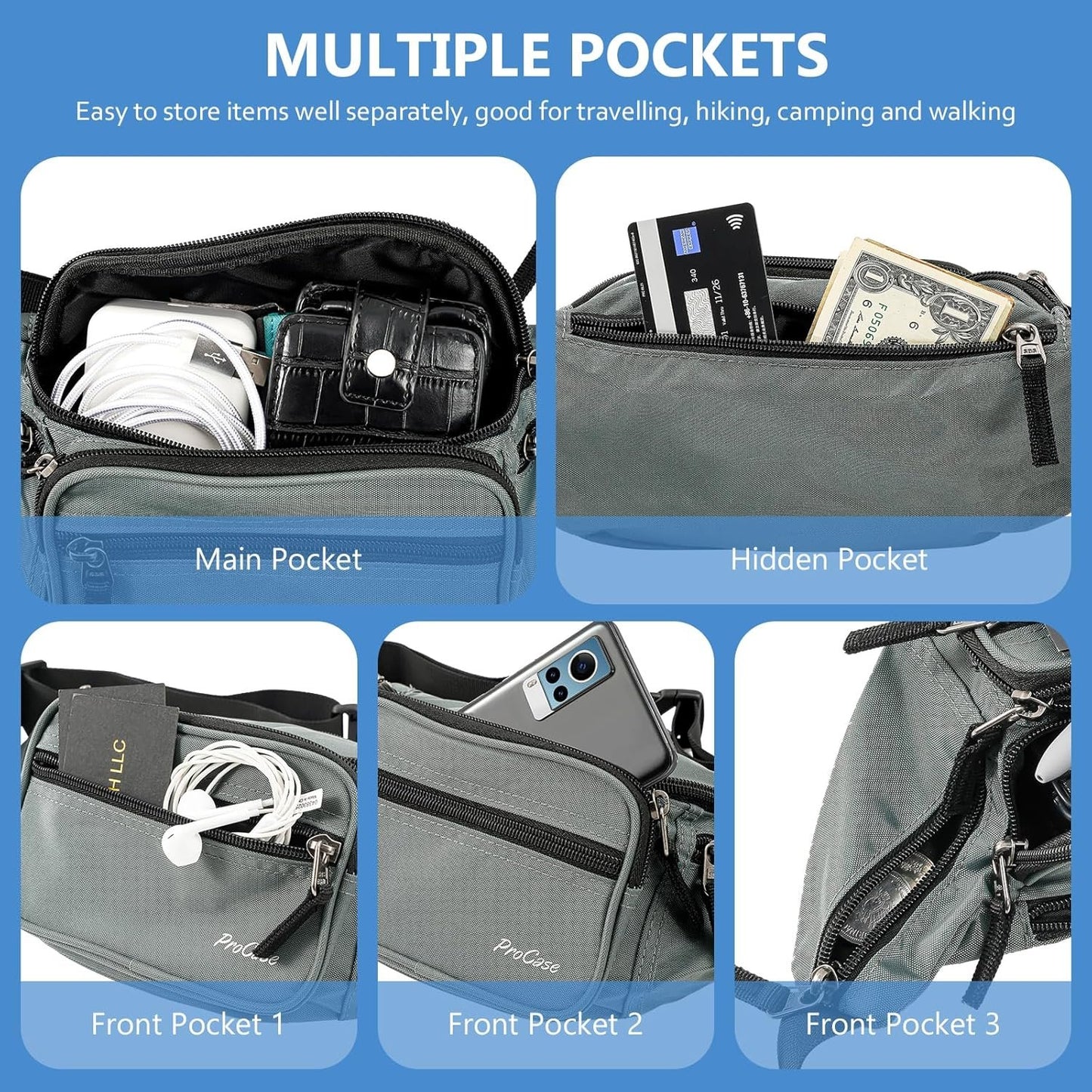 ProCase Fanny Pack Waist Packs for Men Women, Large Capacity Waist Bag Hip Pack for Travel Hiking Running Outdoor Sports