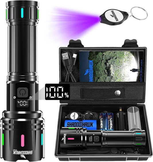 Shadowhawk LED Torch Rechargeable 30000 Lumens, 1500M Long Throw Flashlight, LCD Display Handheld Torches, XHM90.2 Super Bright Tactical Flashlight, Powerful Flash Light for Camping Hunting Gifts