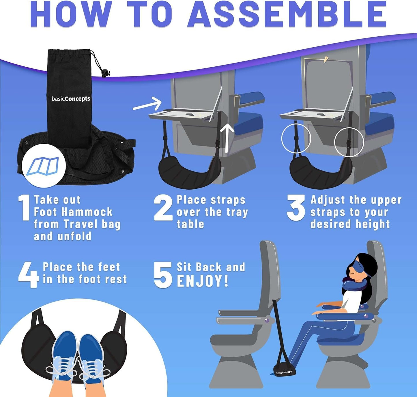 Airplane Foot Hammock (2 Pack) - Memory Foam Travel Footrest for Office and Plane - Comfy Foot Hanger for Relaxation