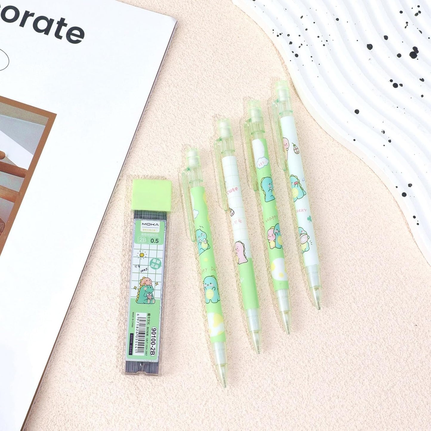ITAWIXS Cute Mechanical Pencil Set Include 4 Pcs 0.5mm Kawaii Mechanical Pencils with 1 Tubes HB Lead Refills Kawaii Stationary Cute School Supplies for Writing, Drawing, Sketching, Green