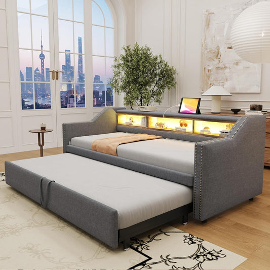 Lubvtti Trundle Sofa Bed 90/180 x 190 cm with Multi-Function Storage Box with LED Lighting and USB Socket, Dark Grey (Mattress Not Included)