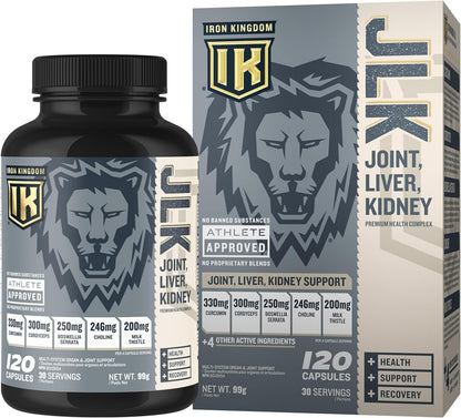 IRON KINGDOM JLK Joint Liver Kidney Premium Health Complex Milk Thistle, Choline Boswellia, Cordyceps & Turmeric Supplement for Women & Men - 120 Capsules