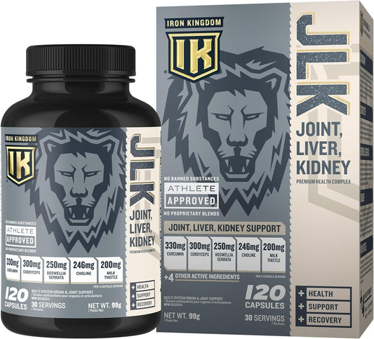 IRON KINGDOM JLK Joint Liver Kidney Premium Health Complex Milk Thistle, Choline Boswellia, Cordyceps & Turmeric Supplement for Women & Men - 120 Capsules
