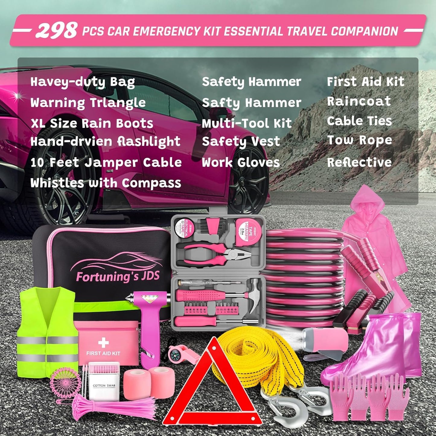 298PCS Roadside Emergency Car Kit- Car Emergency Kit with Jumper Cables, Roadside Emergency Kit for Vehicles, Emergency Car Kit, Car Safety Kits, Gloves,Tow Strap,Tool Kit,Reflective Warning Triangle